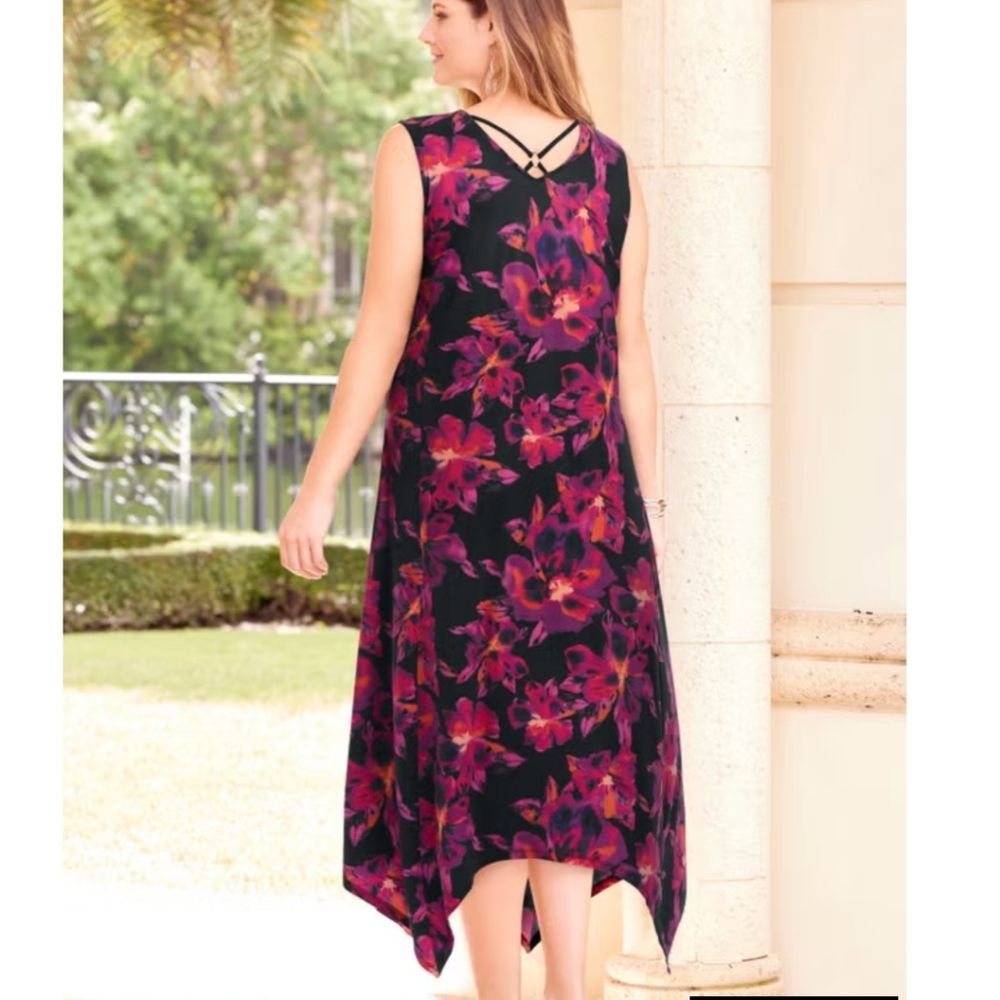 Sleeveless Asymmetrical Dress, Black with Vibrant Floral Design